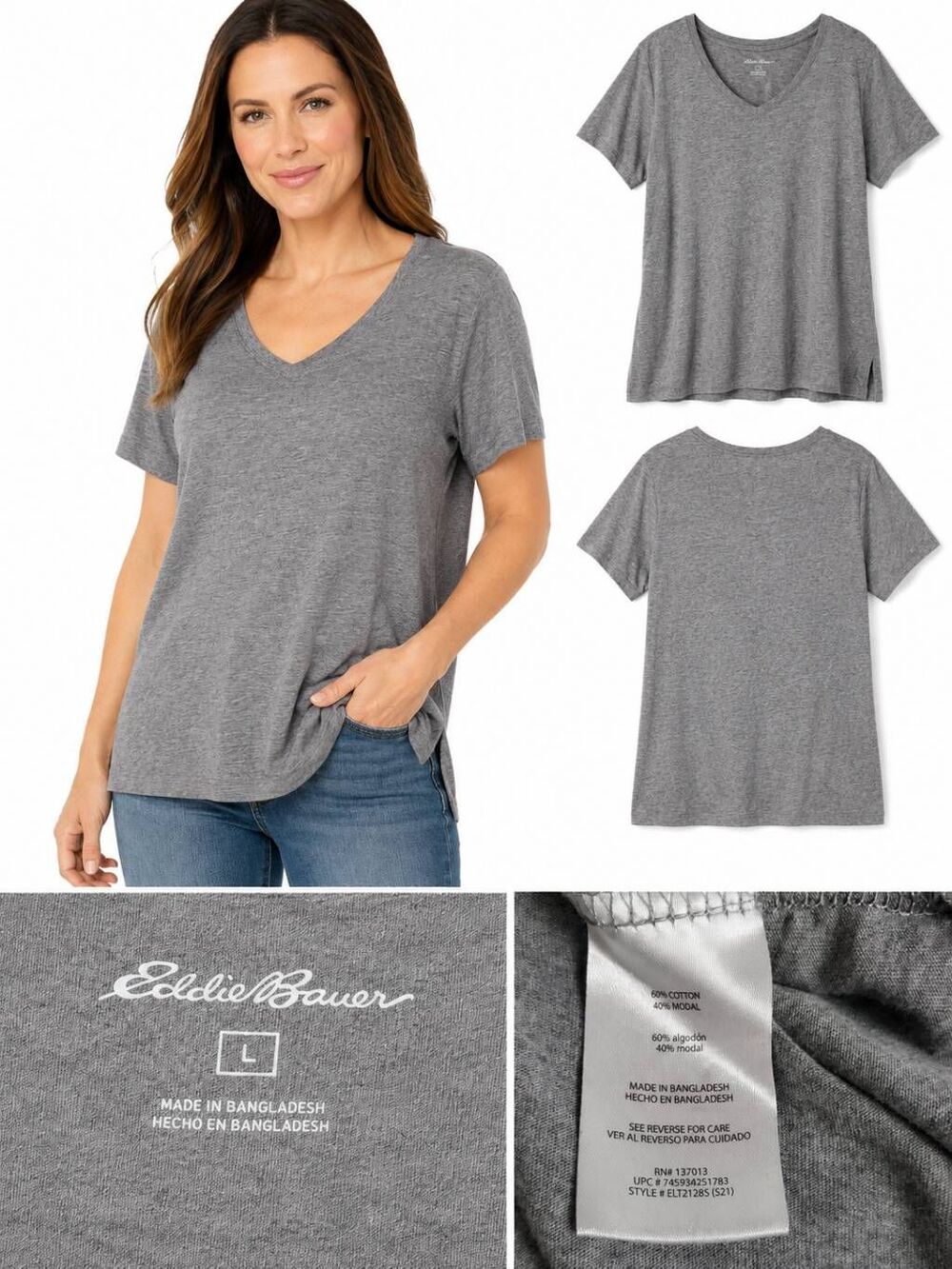 Eddie Bauer Women’s L Gray Short Sleeve V-Neck Casual Tee Cotton Modal Blend